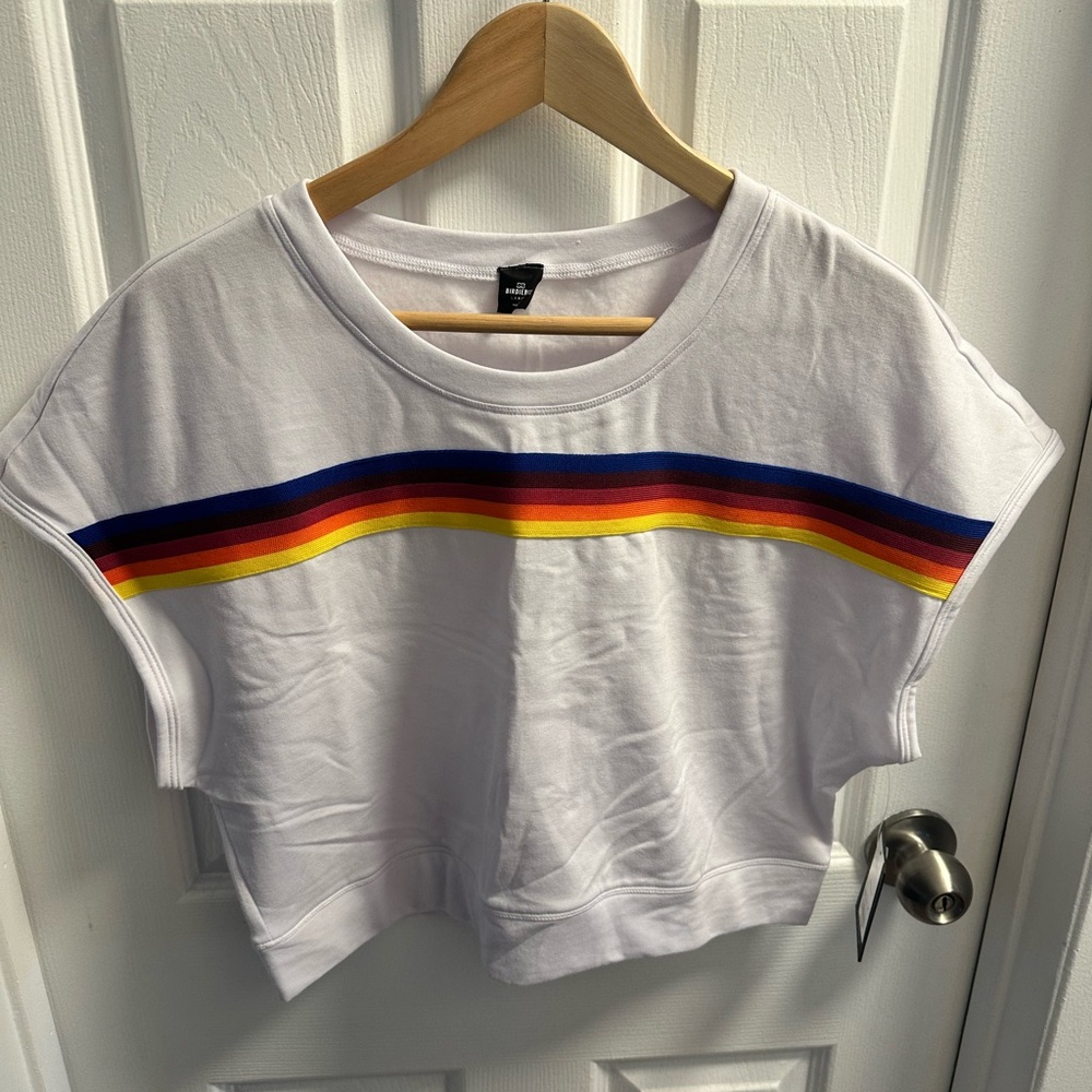 White Crop Top with Rainbow Stripe